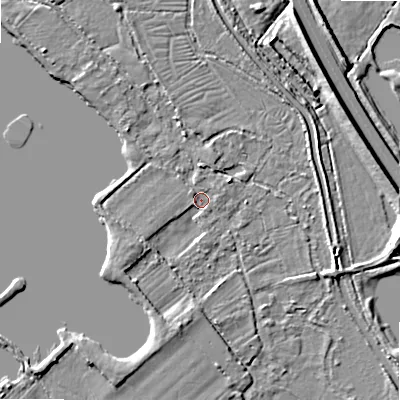 Shaded relief map of the ground around GL75QJ, computed from Environment Agency LiDAR. The ground here sits at about 83 m above sea level and falls 7 m across the surrounding 800 m. Surface water reaching this point runs off ground lying to the west-south-west, 2.7 m higher.