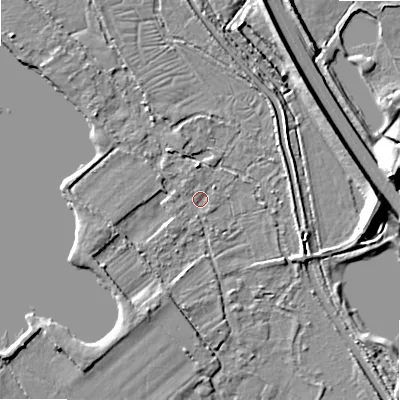 Shaded relief map of the ground around GL75QL, computed from Environment Agency LiDAR. The ground here sits at about 83 m above sea level and falls 10 m across the surrounding 800 m. Surface water reaching this point runs off ground lying to the west, 2.8 m higher.