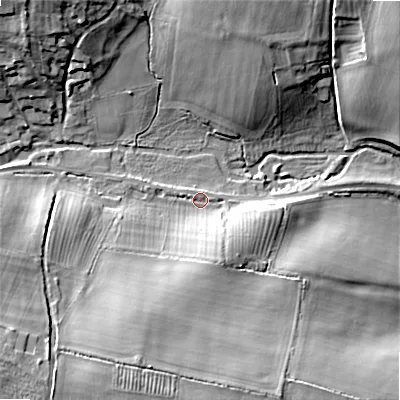 Shaded relief map of the ground around GL75RS, computed from Environment Agency LiDAR. The ground here sits at about 100 m above sea level and falls 16 m across the surrounding 800 m. Surface water reaching this point runs off ground lying to the south-south-east, 7.5 m higher.