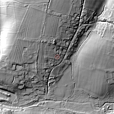 Shaded relief map of the ground around GL75RY, computed from Environment Agency LiDAR. The ground here sits at about 109 m above sea level and falls 25 m across the surrounding 800 m. Surface water reaching this point runs off ground lying to the north, 11.7 m higher.