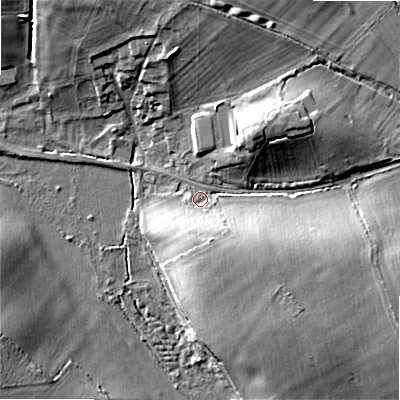 Shaded relief map of the ground around GL75SJ, computed from Environment Agency LiDAR. The ground here sits at about 96 m above sea level and falls 11 m across the surrounding 800 m. Surface water reaching this point runs off ground lying to the south-east, 8.4 m higher.
