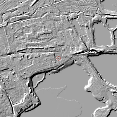 Shaded relief map of the ground around GL75TG, computed from Environment Agency LiDAR. The ground here sits at about 88 m above sea level and falls 7 m across the surrounding 800 m. Surface water reaching this point runs off ground lying to the east-north-east, 4.4 m higher.
