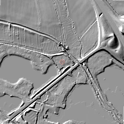 Shaded relief map of the ground around GL75TL, computed from Environment Agency LiDAR. The ground here sits at about 86 m above sea level and falls 12 m across the surrounding 800 m. Surface water reaching this point runs off ground lying to the west-north-west, 4.1 m higher.