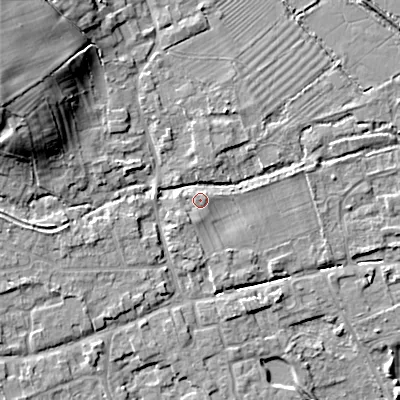 Shaded relief map of the ground around GL75TW, computed from Environment Agency LiDAR. The ground here sits at about 91 m above sea level and falls 16 m across the surrounding 800 m. Surface water reaching this point runs off ground lying to the south-south-west, 1.4 m higher.