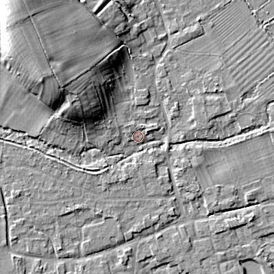Shaded relief map of the ground around GL75TX, computed from Environment Agency LiDAR. The ground here sits at about 92 m above sea level and falls 19 m across the surrounding 800 m. Surface water reaching this point runs off ground lying to the north-west, 1.8 m higher.