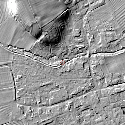 Shaded relief map of the ground around GL75TZ, computed from Environment Agency LiDAR. The ground here sits at about 91 m above sea level and falls 18 m across the surrounding 800 m. Surface water reaching this point runs off ground lying to the north-west, 15.2 m higher.