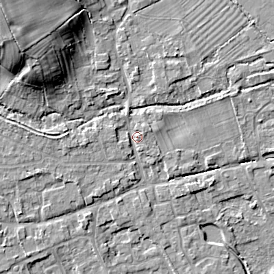 Shaded relief map of the ground around GL75UA, computed from Environment Agency LiDAR. The ground here sits at about 91 m above sea level and falls 19 m across the surrounding 800 m. Surface water reaching this point runs off ground lying to the west-north-west, 2.1 m higher.