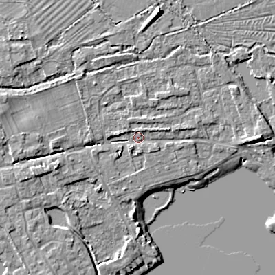 Shaded relief map of the ground around GL75UB, computed from Environment Agency LiDAR. The ground here sits at about 89 m above sea level and falls 8 m across the surrounding 800 m. Surface water reaching this point runs off ground lying to the west, 3.7 m higher.