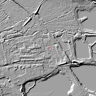 Shaded relief map of the ground around GL75UD, computed from Environment Agency LiDAR. The ground here sits at about 88 m above sea level and falls 8 m across the surrounding 800 m. Surface water reaching this point runs off ground lying to the north-north-west, 5.5 m higher.