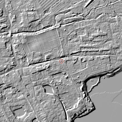 Shaded relief map of the ground around GL75UE, computed from Environment Agency LiDAR. The ground here sits at about 89 m above sea level and falls 8 m across the surrounding 800 m. Surface water reaching this point runs off ground lying to the west-north-west, 4.1 m higher.