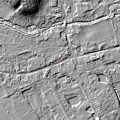 Shaded relief map of the ground around GL75UG, computed from Environment Agency LiDAR. The ground here sits at about 91 m above sea level and falls 17 m across the surrounding 800 m. Surface water reaching this point runs off ground lying to the west, 3.0 m higher.