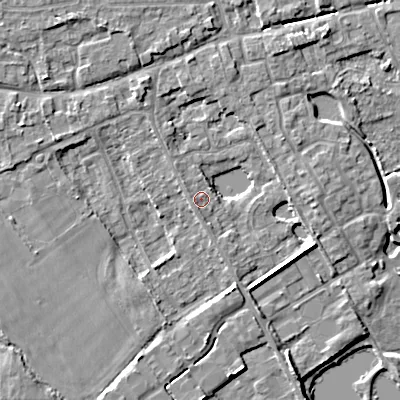 Shaded relief map of the ground around GL75UH, computed from Environment Agency LiDAR. The ground here sits at about 91 m above sea level and falls 8 m across the surrounding 800 m. Surface water reaching this point runs off ground lying to the west-north-west, 1.1 m higher.