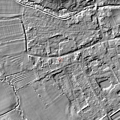 Shaded relief map of the ground around GL75UP, computed from Environment Agency LiDAR. The ground here sits at about 92 m above sea level and falls 7 m across the surrounding 800 m. Surface water reaching this point runs off ground lying to the north-north-west, 2.6 m higher.