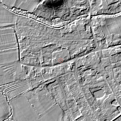 Shaded relief map of the ground around GL75UR, computed from Environment Agency LiDAR. The ground here sits at about 92 m above sea level and falls 13 m across the surrounding 800 m. Surface water reaching this point runs off ground lying to the north-west, 2.6 m higher.
