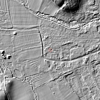 Shaded relief map of the ground around GL75US, computed from Environment Agency LiDAR. The ground here sits at about 92 m above sea level and falls 15 m across the surrounding 800 m. Surface water reaching this point runs off ground lying to the north-north-west, 1.2 m higher.