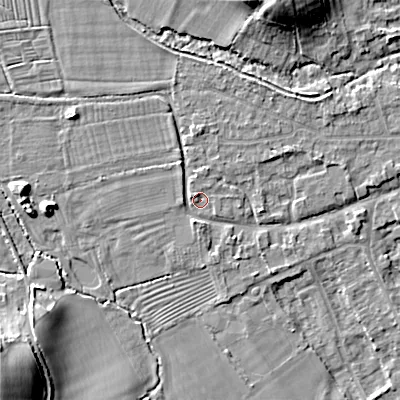 Shaded relief map of the ground around GL75UT, computed from Environment Agency LiDAR. The ground here sits at about 91 m above sea level and falls 13 m across the surrounding 800 m. Surface water reaching this point runs off ground lying to the north, 2.0 m higher.