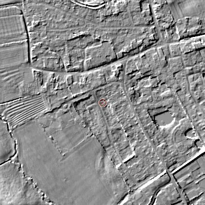 Shaded relief map of the ground around GL75UW, computed from Environment Agency LiDAR. The ground here sits at about 90 m above sea level and falls 8 m across the surrounding 800 m. Surface water reaching this point runs off ground lying to the west-north-west, 3.5 m higher.