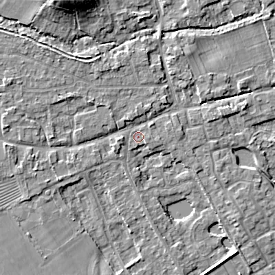 Shaded relief map of the ground around GL75UY, computed from Environment Agency LiDAR. The ground here sits at about 91 m above sea level and falls 13 m across the surrounding 800 m. Surface water reaching this point runs off ground lying to the east-south-east, 0.7 m higher.