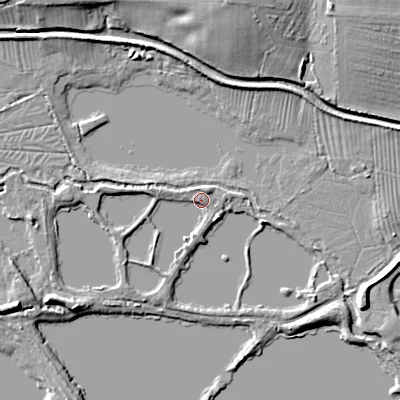 Shaded relief map of the ground around GL75UZ, computed from Environment Agency LiDAR. The ground here sits at about 88 m above sea level and falls 13 m across the surrounding 800 m. Surface water reaching this point runs off ground lying to the west, 2.3 m higher.