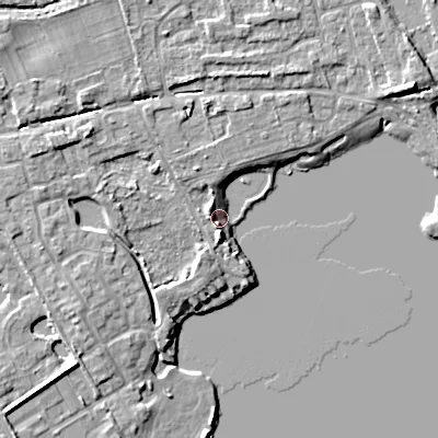 Shaded relief map of the ground around GL75XF, computed from Environment Agency LiDAR. The ground here sits at about 87 m above sea level and falls 7 m across the surrounding 800 m. Surface water reaching this point runs off ground lying to the south, 5.8 m higher.
