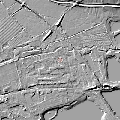 Shaded relief map of the ground around GL75XH, computed from Environment Agency LiDAR. The ground here sits at about 89 m above sea level and falls 8 m across the surrounding 800 m. Surface water reaching this point runs off ground lying to the south-south-west, 1.1 m higher.
