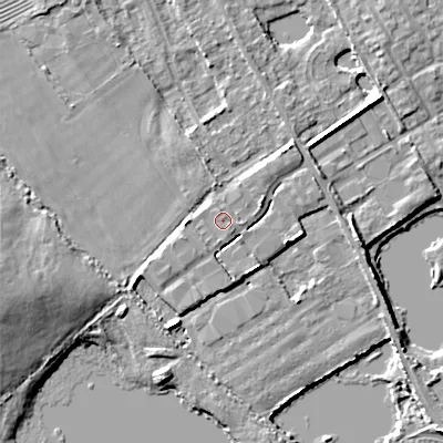 Shaded relief map of the ground around GL75XL, computed from Environment Agency LiDAR. The ground here sits at about 90 m above sea level and falls 10 m across the surrounding 800 m. Surface water reaching this point runs off ground lying to the south, 0.5 m higher.