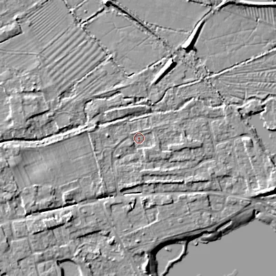 Shaded relief map of the ground around GL75XR, computed from Environment Agency LiDAR. The ground here sits at about 89 m above sea level and falls 8 m across the surrounding 800 m. Surface water reaching this point runs off ground lying to the west, 1.7 m higher.