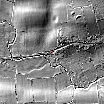 Shaded relief map of the ground around GL76BT, computed from Environment Agency LiDAR. The ground here sits at about 97 m above sea level and falls 13 m across the surrounding 800 m. Surface water reaching this point runs off ground lying to the north-east, 7.4 m higher.