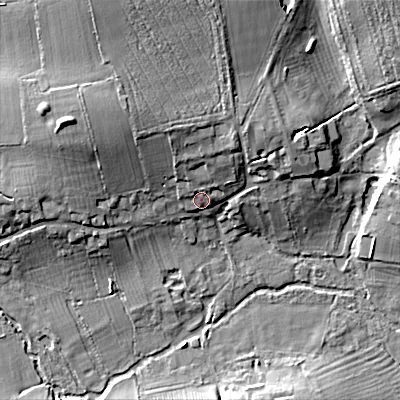 Shaded relief map of the ground around GL76BU, computed from Environment Agency LiDAR. The ground here sits at about 100 m above sea level and falls 15 m across the surrounding 800 m. Surface water reaching this point runs off ground lying to the north, 5.5 m higher.