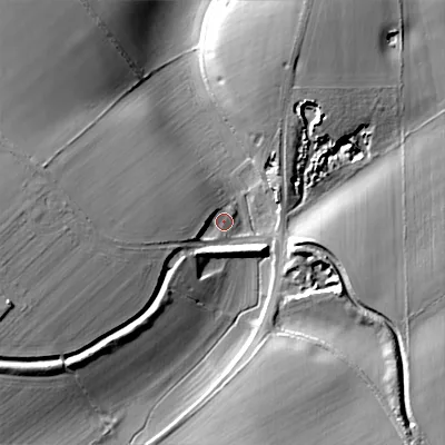Shaded relief map of the ground around GL76BW, computed from Environment Agency LiDAR. The ground here sits at about 106 m above sea level and falls 23 m across the surrounding 800 m. Surface water reaching this point runs off ground lying to the west, 12.9 m higher.