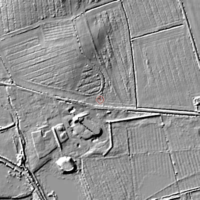 Shaded relief map of the ground around GL76DA, computed from Environment Agency LiDAR. The ground here sits at about 93 m above sea level and falls 7 m across the surrounding 800 m. Surface water reaching this point runs off ground lying to the north-north-west, 3.6 m higher.