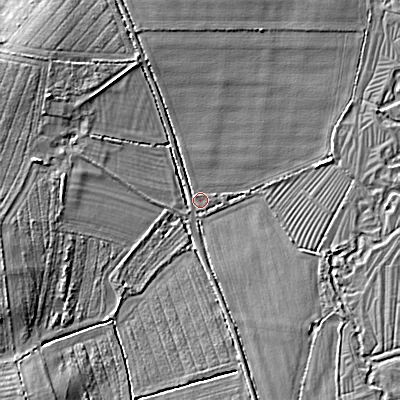 Shaded relief map of the ground around GL76DB, computed from Environment Agency LiDAR. The ground here sits at about 94 m above sea level and falls 8 m across the surrounding 800 m. Surface water reaching this point runs off ground lying to the north-west, 6.1 m higher.