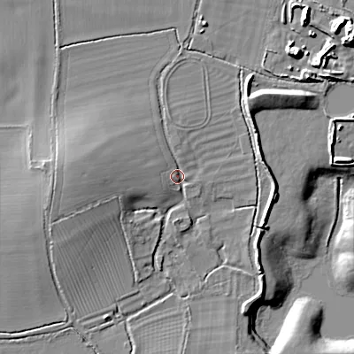 Shaded relief map of the ground around GL76DE, computed from Environment Agency LiDAR. The ground here sits at about 94 m above sea level and falls 16 m across the surrounding 800 m. Surface water reaching this point runs off ground lying to the west, 7.3 m higher.