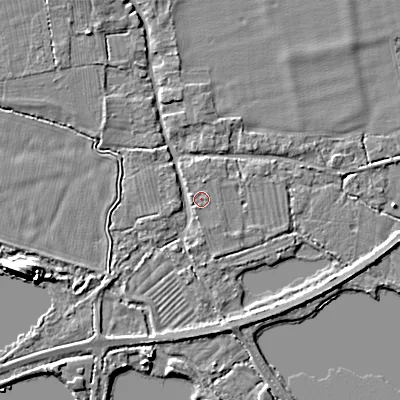 Shaded relief map of the ground around GL76DT, computed from Environment Agency LiDAR. The ground here sits at about 89 m above sea level and falls 7 m across the surrounding 800 m. The ground contributing surface water to this point lies to the north.
