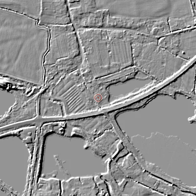Shaded relief map of the ground around GL76DU, computed from Environment Agency LiDAR. The ground here sits at about 89 m above sea level and falls 8 m across the surrounding 800 m. Surface water reaching this point runs off ground lying to the north-north-west, 2.2 m higher.