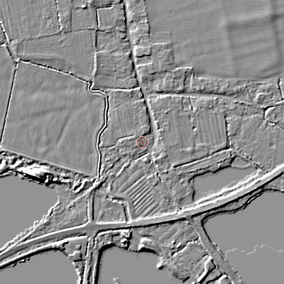Shaded relief map of the ground around GL76DX, computed from Environment Agency LiDAR. The ground here sits at about 89 m above sea level and falls 8 m across the surrounding 800 m. Surface water reaching this point runs off ground lying to the north-north-west, 2.4 m higher.