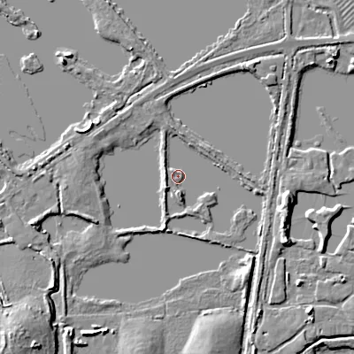 Shaded relief map of the ground around GL76DY, computed from Environment Agency LiDAR. The ground here sits at about 88 m above sea level and falls 9 m across the surrounding 800 m. Surface water reaching this point runs off ground lying to the south-west, 2.8 m higher.