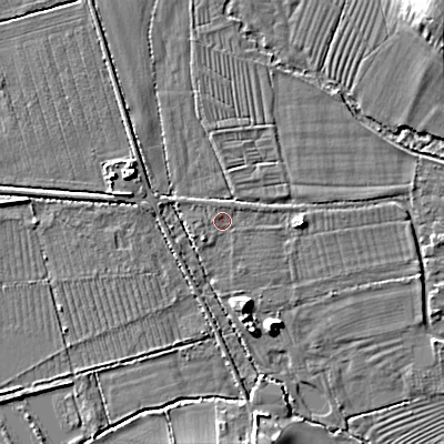 Shaded relief map of the ground around GL76EJ, computed from Environment Agency LiDAR. The ground here sits at about 92 m above sea level and falls 15 m across the surrounding 800 m. Surface water reaching this point runs off ground lying to the south-west, 1.1 m higher.