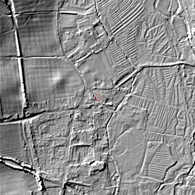 Shaded relief map of the ground around GL76EX, computed from Environment Agency LiDAR. The ground here sits at about 100 m above sea level and falls 13 m across the surrounding 800 m. Surface water reaching this point runs off ground lying to the north-west, 11.7 m higher.