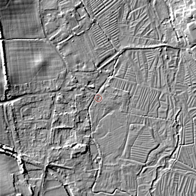 Shaded relief map of the ground around GL76EY, computed from Environment Agency LiDAR. The ground here sits at about 100 m above sea level and falls 9 m across the surrounding 800 m. Surface water reaching this point runs off ground lying to the north-east, 8.3 m higher.