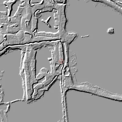 Shaded relief map of the ground around GL76FJ, computed from Environment Agency LiDAR. The ground here sits at about 88 m above sea level and falls 6 m across the surrounding 800 m. Surface water reaching this point runs off ground lying to the north, 2.4 m higher.