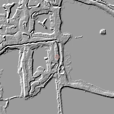 Shaded relief map of the ground around GL76FN, computed from Environment Agency LiDAR. The ground here sits at about 88 m above sea level and falls 6 m across the surrounding 800 m. Surface water reaching this point runs off ground lying to the north, 2.4 m higher.