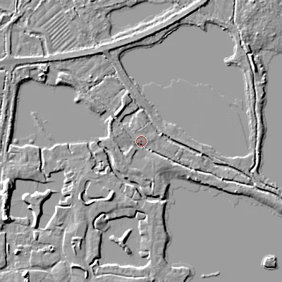 Shaded relief map of the ground around GL76FP, computed from Environment Agency LiDAR. The ground here sits at about 88 m above sea level and falls 6 m across the surrounding 800 m. Surface water reaching this point runs off ground lying to the west-north-west, 2.5 m higher.