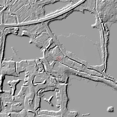 Shaded relief map of the ground around GL76FR, computed from Environment Agency LiDAR. The ground here sits at about 88 m above sea level and falls 6 m across the surrounding 800 m. Surface water reaching this point runs off ground lying to the west-north-west, 2.5 m higher.