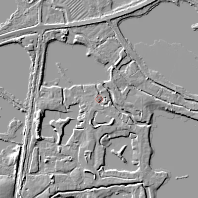 Shaded relief map of the ground around GL76FU, computed from Environment Agency LiDAR. The ground here sits at about 88 m above sea level and falls 7 m across the surrounding 800 m. Surface water reaching this point runs off ground lying to the north-north-east, 1.2 m higher.