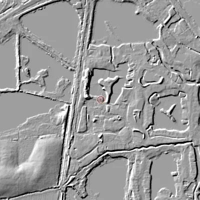 Shaded relief map of the ground around GL76GB, computed from Environment Agency LiDAR. The ground here sits at about 88 m above sea level and falls 7 m across the surrounding 800 m. Surface water reaching this point runs off ground lying to the north-north-west, 5.0 m higher.