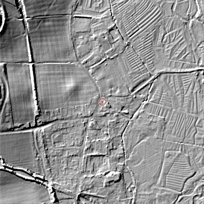 Shaded relief map of the ground around GL76HA, computed from Environment Agency LiDAR. The ground here sits at about 100 m above sea level and falls 14 m across the surrounding 800 m. Surface water reaching this point runs off ground lying to the north-west, 12.8 m higher.