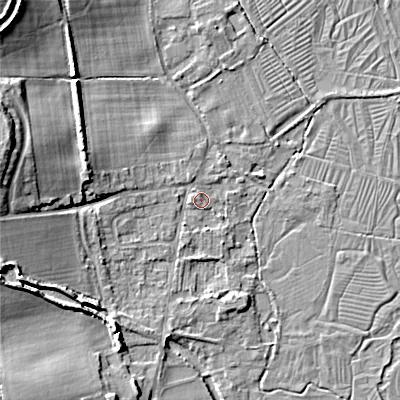 Shaded relief map of the ground around GL76HD, computed from Environment Agency LiDAR. The ground here sits at about 101 m above sea level and falls 14 m across the surrounding 800 m. Surface water reaching this point runs off ground lying to the west, 12.4 m higher.