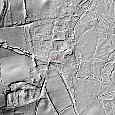 Shaded relief map of the ground around GL76HR, computed from Environment Agency LiDAR. The ground here sits at about 100 m above sea level and falls 15 m across the surrounding 800 m. Surface water reaching this point runs off ground lying to the west-south-west, 1.4 m higher.