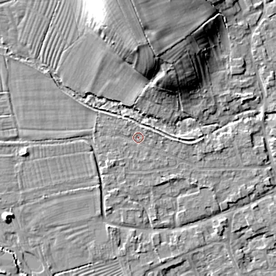 Shaded relief map of the ground around GL76HZ, computed from Environment Agency LiDAR. The ground here sits at about 93 m above sea level and falls 17 m across the surrounding 800 m. Surface water reaching this point runs off ground lying to the east-north-east, 1.1 m higher.